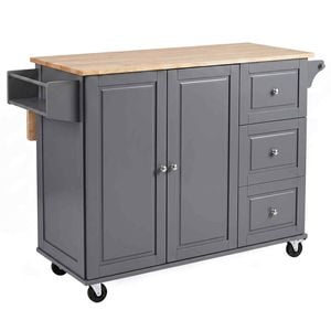 Costway Large Kitchen Island Trolley Extendable Tabletop Rubber Wood Grey
