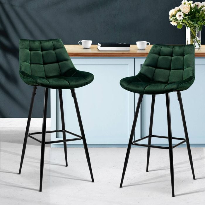 Artiss 2x Kitchen Velvet Bar Stool Chair Metal Barstools Green