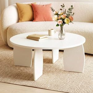 HOMFURN 78cm Round Coffee Table, Cream White High-Gloss Finish, Flowing Curved Legs, 30kg Capacity for Living Room