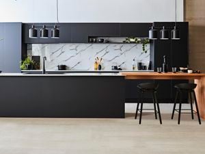 Style seeker style kitchen with black cabinetry and marble splashback