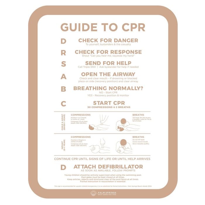 Stylish Pool CPR Sign Beige & White Slim