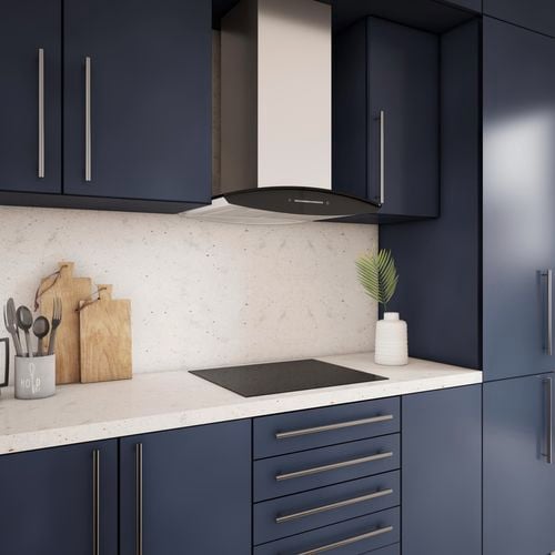 Modern navy blue kitchen cabinets, white speckled benchtop with a stainless steel/black 60cm box rangehood