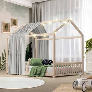 Oikiture Kids House Wooden Bed Frame Double Natural