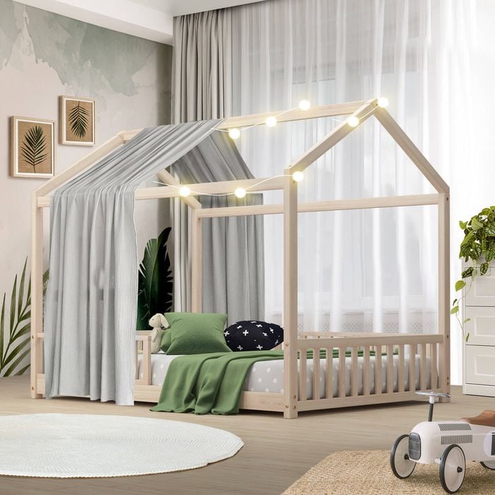 Oikiture Kids House Wooden Bed Frame Double Natural