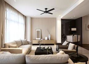 Contemporary living area in white and beige with black ceiling fan