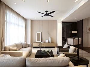 Contemporary living area in white and beige with black ceiling fan