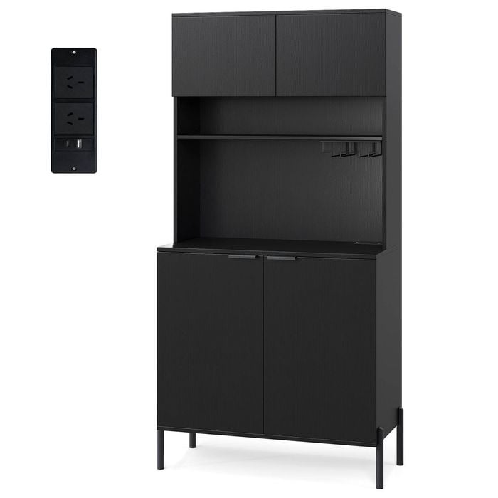Costway Pantry Cupboard W/charging Station Wine Rack Bar Cabinet Black