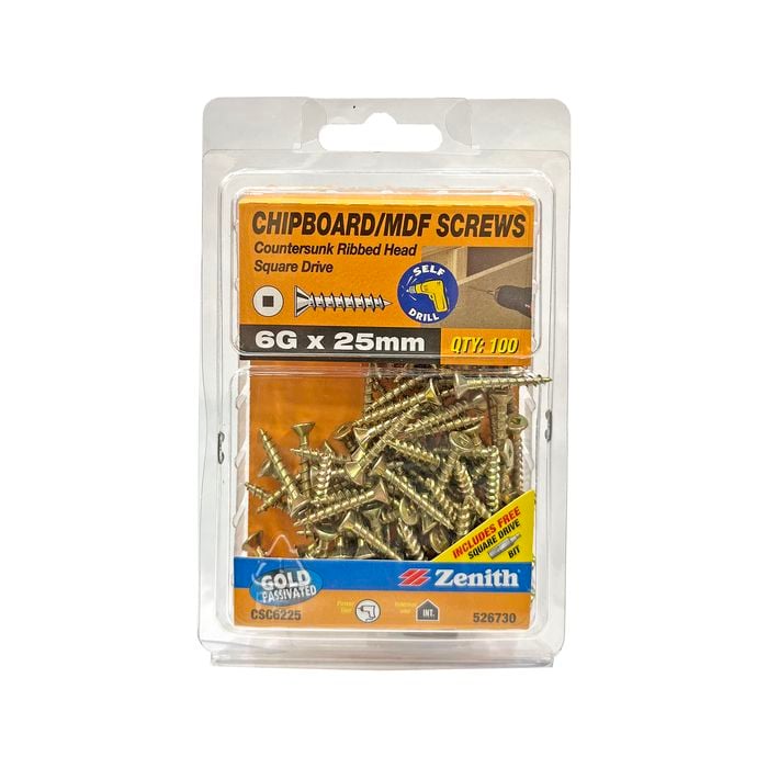 Zenith 6G x 25mm Gold Passivated Square Drive Chipboard Screw - 100 Pack