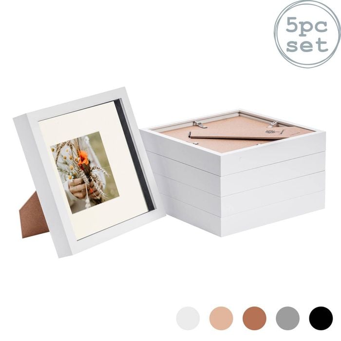 Nicola Spring 5 Piece 8 x 8 3D Shadow Box Photo Frame Set - Craft Display Picture Frame with 4 x 4 Mount - White