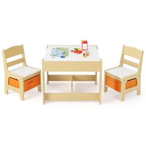 Costway Kids Table And Chairs Set Study Desk W/chalkboard  & Storage Box Natural