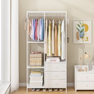 Advwin Dresser with Hanging Rack Fabric Chest of Drawers Clothes Rack White