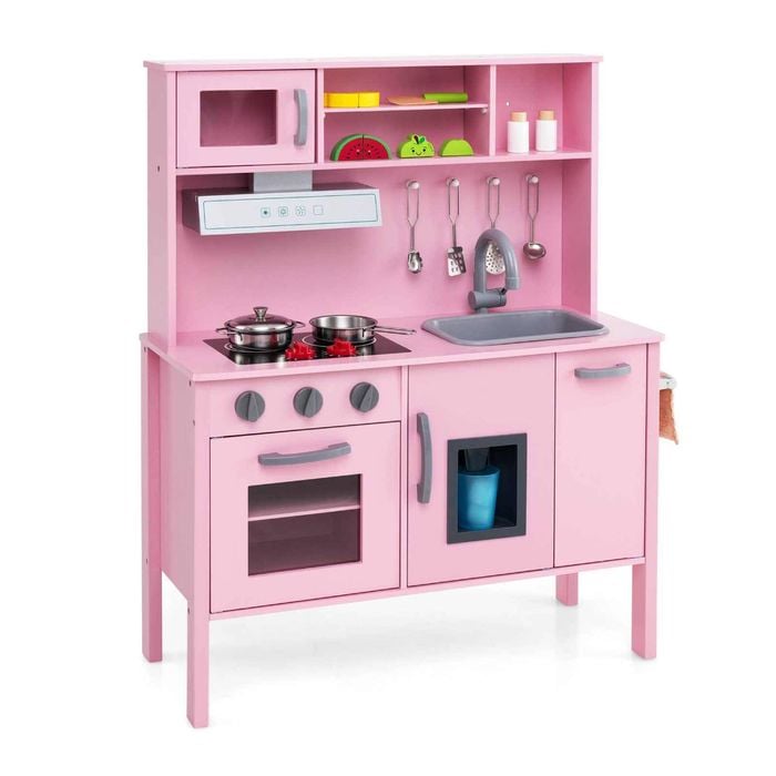 Costway Kids Kitchen Playset Wooden Pretend Play Kitchen Pink