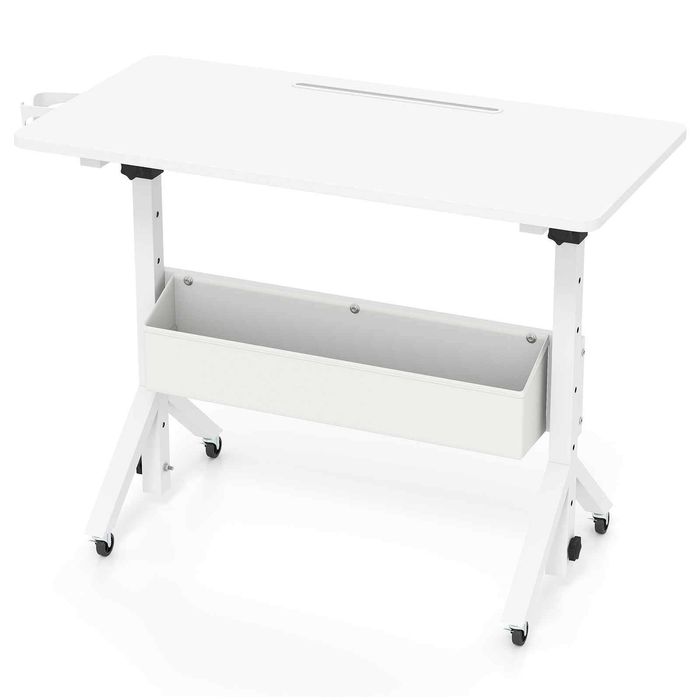 Costway Mobile Standing Desk Cup Holder Basket Tablet Slot-White