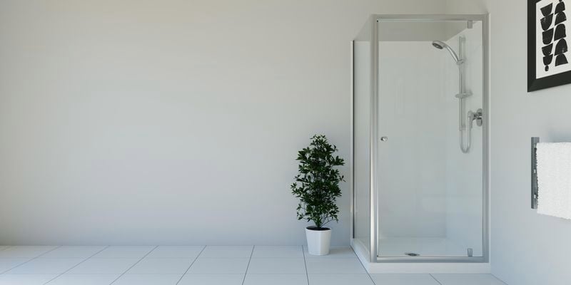 Shower in a bathroom with white tiles and a white wall and a plant in a pot.