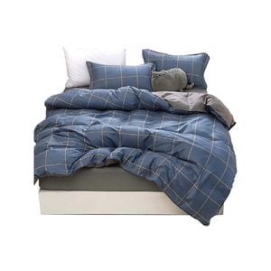 4pcs Blue Plaid Pattern Aloe Cotton Bedding Set (King)