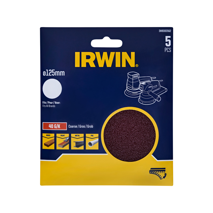 IRWIN 125mm 40 Grit Quick Fit No Holes Random Orbital Sanding Discs - 5 Pack