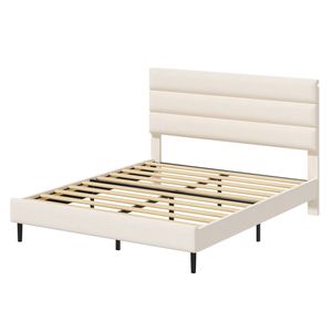 Ufurniture Velvet Upholstered Platform Bed Frame with 17cm Underbed Storage, Beige Queen