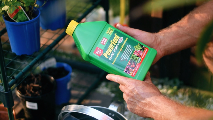 Person holding a bottle of Power Feed Plant Food