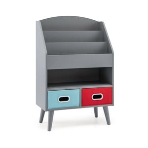 Costway 3-tier Kids Bookshelf Storage Bookcase Book Organizer W/2 Drawers - Grey
