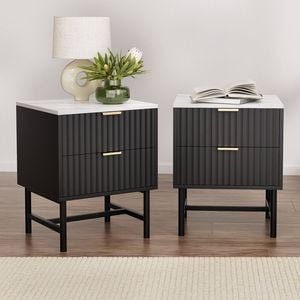 Homfurn Black Bedside Table 2 Drawers – Curved Wave Drawer Panel, Modern Minimalist Design, Durable Mdf & Metal Construction
