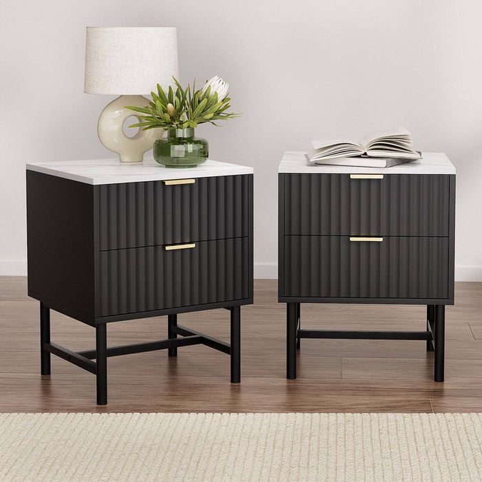 Homfurn Black Bedside Table 2 Drawers – Curved Wave Drawer Panel, Modern Minimalist Design, Durable Mdf & Metal Construction