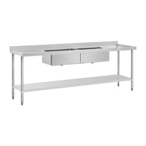 Vogue Double Bowl Sink Double Drainer - 2400mm 90mm Drain - Commercial Stainless Steel Sinks (hc909)