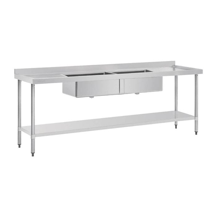 Vogue Double Bowl Sink Double Drainer - 2400mm 90mm Drain - Commercial Stainless Steel Sinks (hc909)