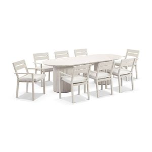 Aria Outdoor 2.4m Ceramic And Aluminium Table Light Dune With 8 Santorini Dining Chairs & Sandstone Cushions