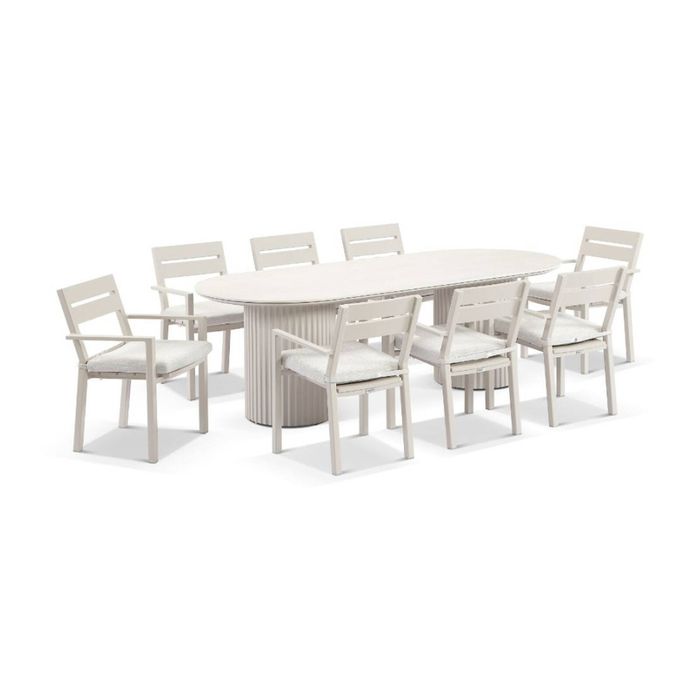Aria Outdoor 2.4m Ceramic and Aluminium Table Light Dune With 8 Santorini Dining Chairs & Sandstone Cushions