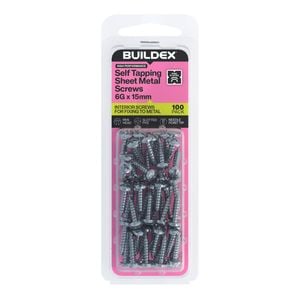 Buildex 6G x 15mm Zinc Plated Self Tapping Sheet Metal Screws - 100 Pack