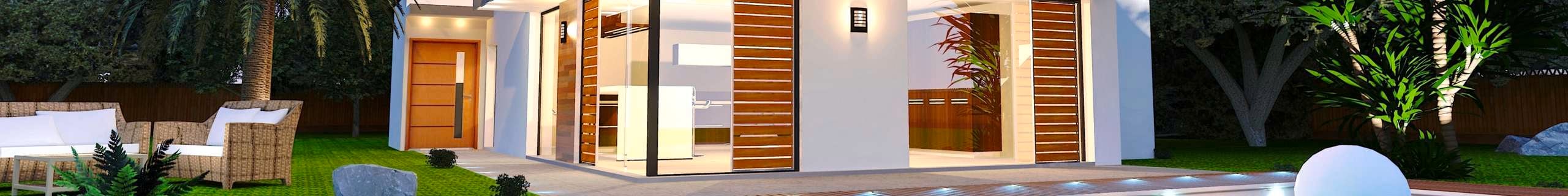 White house with wood accents and view of pool in foreground.