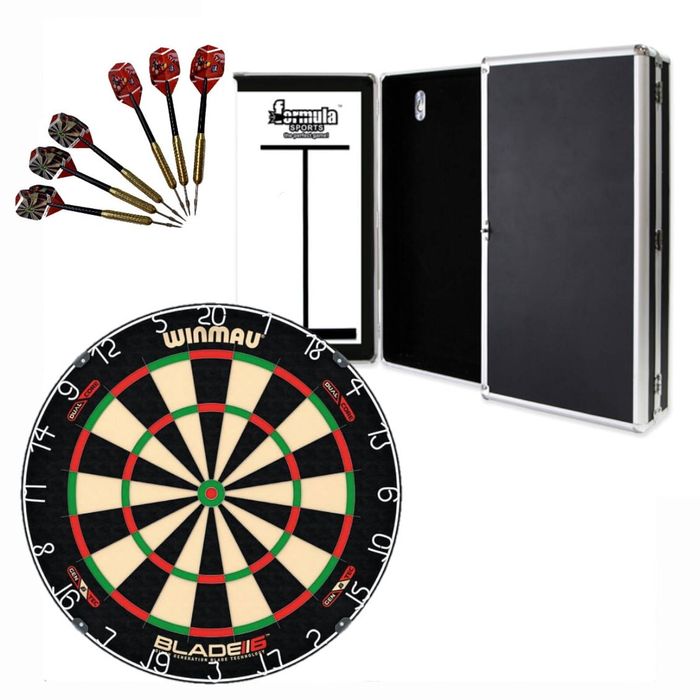 Winmau Blade 6 DUAL CORE Dart Board + Aluminium Cabinet + Darts Set