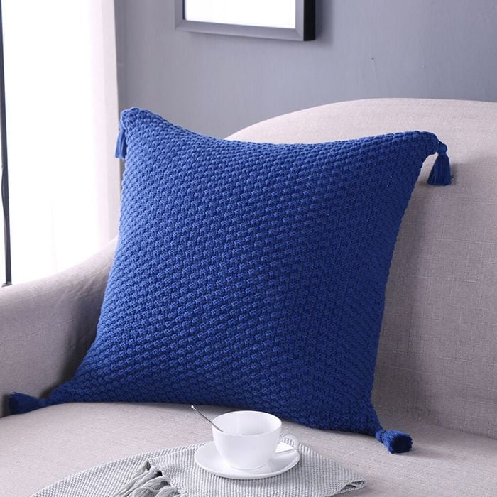 CottonMore Cotton Knitted Tassel Cushion Cover Blue 45x45cm