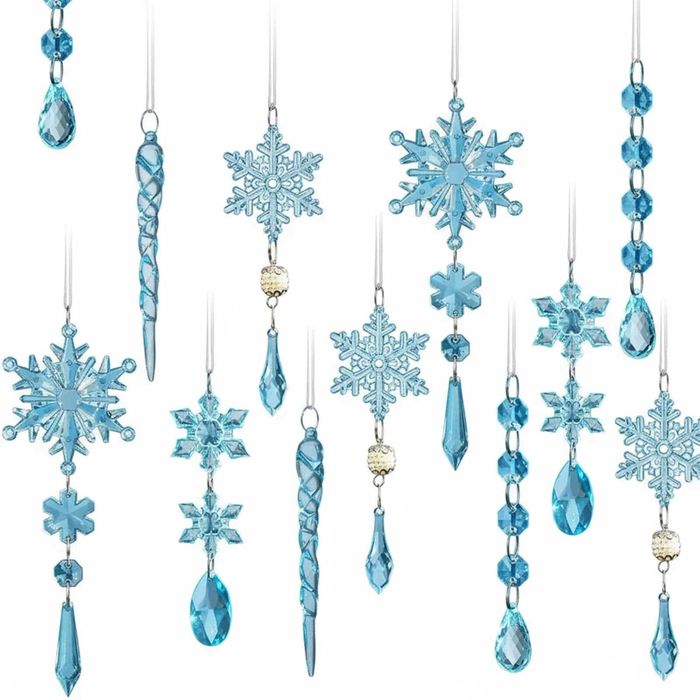 P&P Blue Crystal Acrylic Christmas Tree Icicle Snowflake Ornaments Set 18pc Gift Set