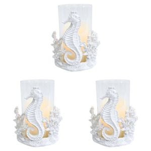 3PK LVD Resin/Glass 16cm Pillar Candle Holder Seahorse - White