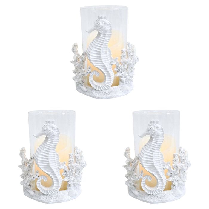 3PK LVD Resin/Glass 16cm Pillar Candle Holder Seahorse - White