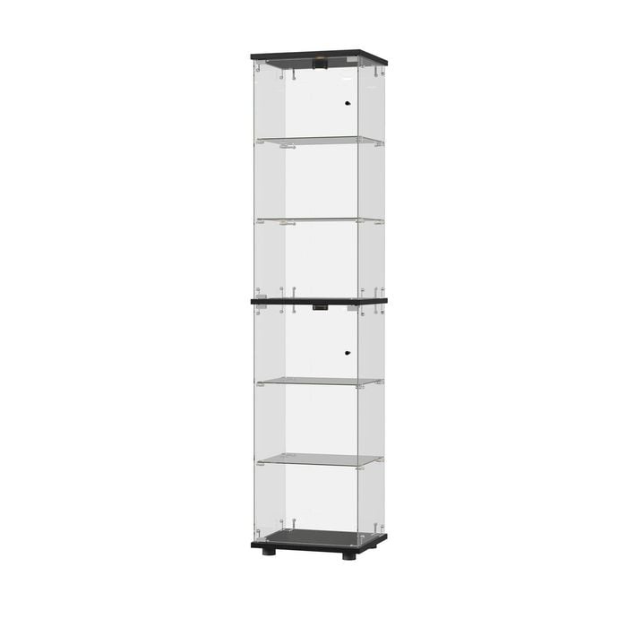 Oikiture Glass Display Cabinet 6-tier Led Light Bookcase Clear Showcase Black