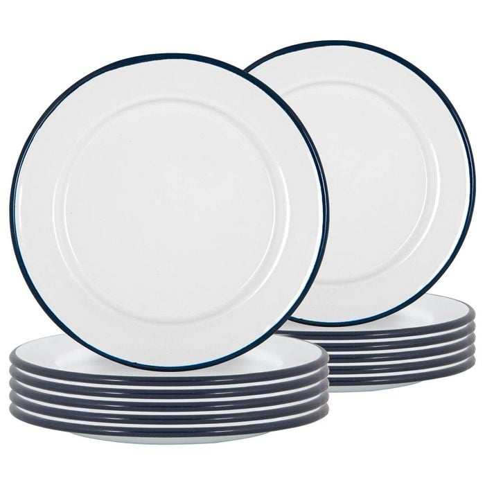 Argon Tableware 20cm Enamel Side Plates - Navy Rim - Set Of 12 - 8inch Small Dish Plates Metal Enamel Tableware Dinner Set
