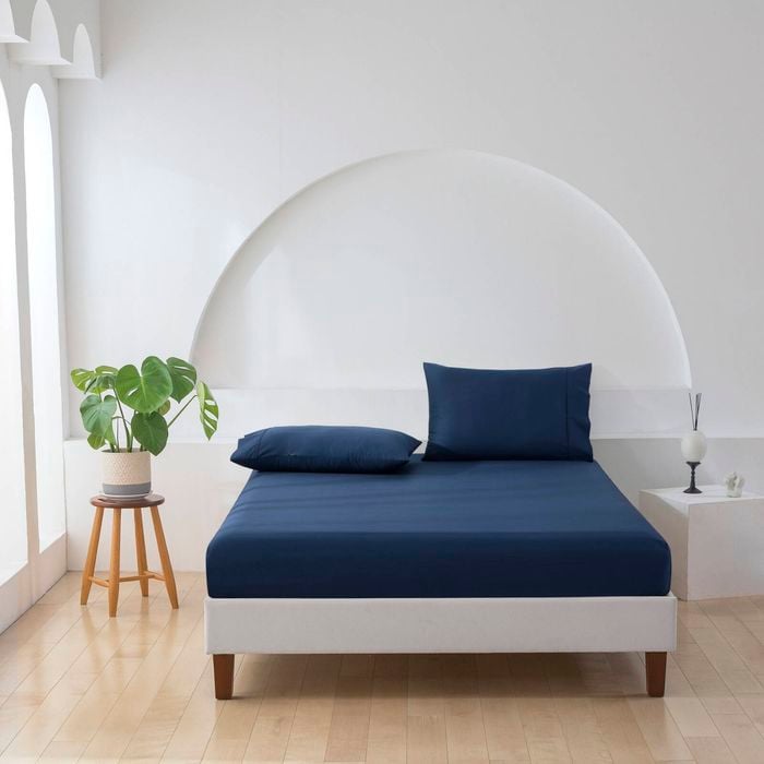 Essn 500tc Cotton Sateen Fitted Sheet Set Navy King Bed
