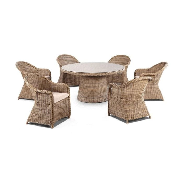Plantation 6 Seat Dining Table And Chairs Set Brushed Wheat & Cream Cushions