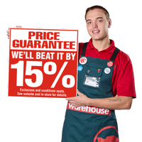 A Bunnings Team Member holding a sign that says Price Guarantee we'll beat it by 15%.