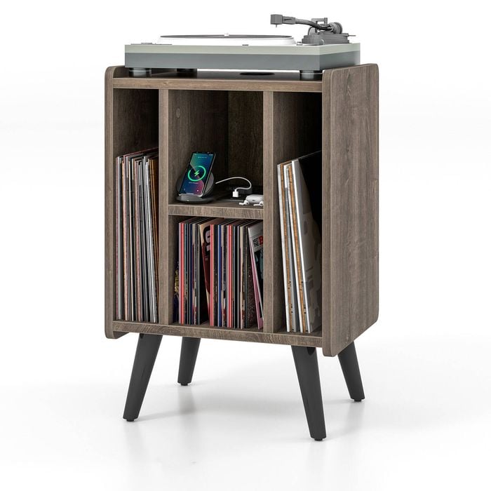Costway Industrial Side End Table Nightstand Tea Table Record Player Stand W/power Outlet & Usb Magazine Cd Audio Holder