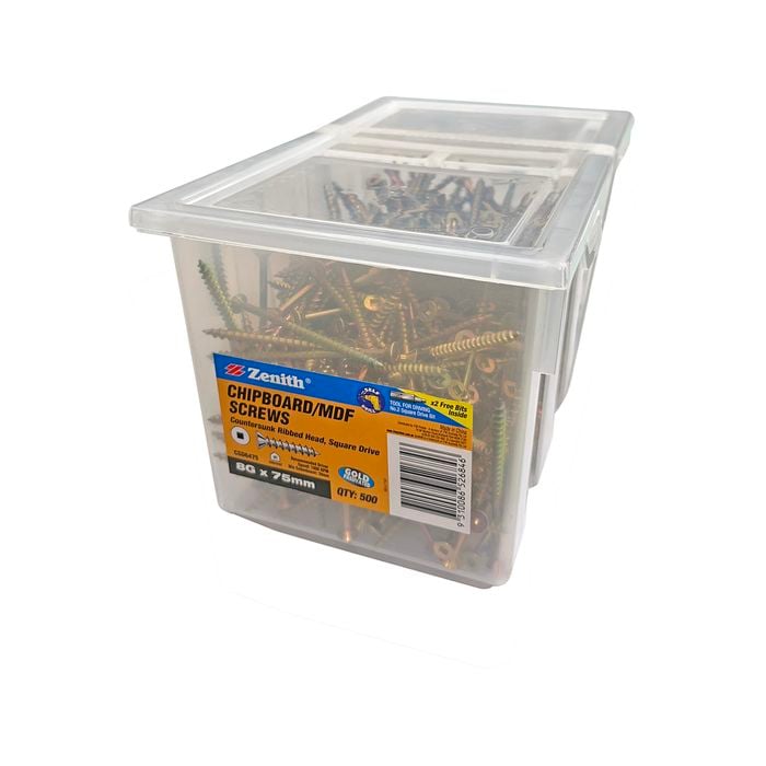 Zenith 8G x 75mm Gold Passivated Square Drive Chipboard Screw - 500 Pack