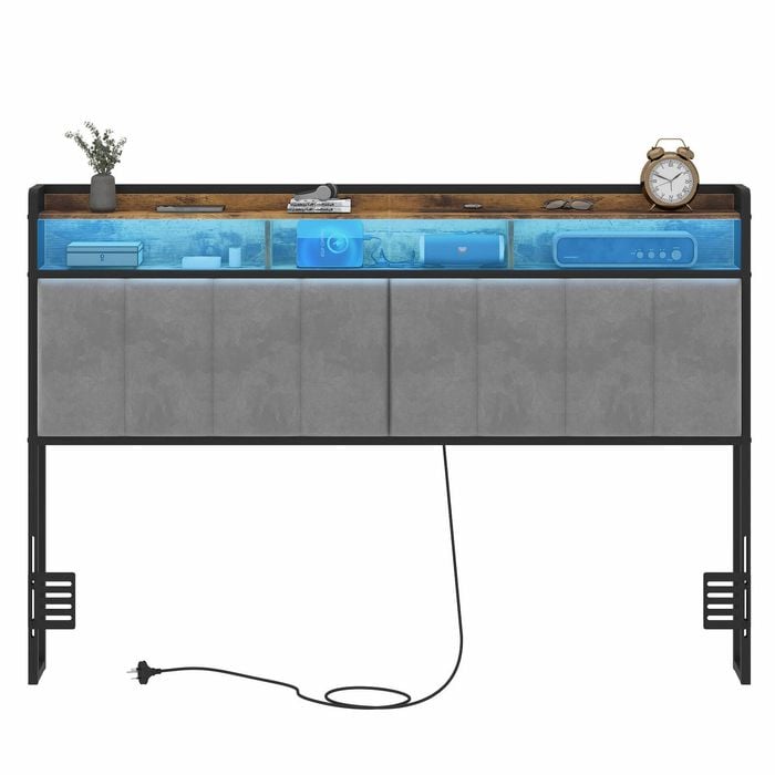 Ufurniture Headboard Upholstered Queen Size with 2-Tier Storage Outlets, USB Ports and LED Light Adjustable Height