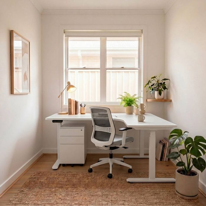 Olg Premium Corner Office Bundle: Agile Motion Plus 1800x1800 Corner Sit-Stand Desk Left Return White + Motion Sync White Chair