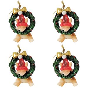 4PK Urban Playful Christmas Mice Hanging Decoration 6cm Red/Bisque Assorted