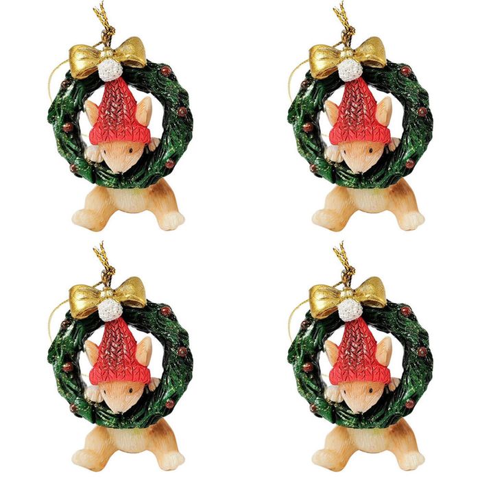 4PK Urban Playful Christmas Mice Hanging Decoration 6cm Red/Bisque Assorted