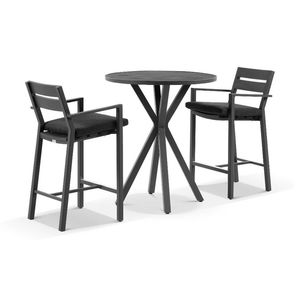 Houston Outdoor 90cm Round Aluminium Bar Table Charcoal With 2 Santorini Stools & Denim Grey Cushions