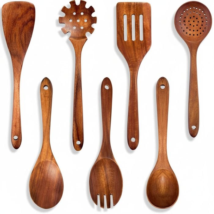 7Pcs Teak Wooden Utensils Cooking Non-Stick Spatula Set Comfortable Grip