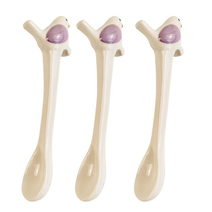 3x Urban 12cm Bird Ceramic Hanging Spoon For Mug - White/Mauve